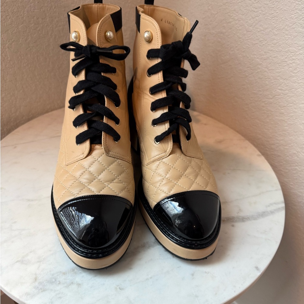 Chanel Quilted Tan and Black Women's Boots